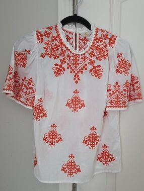 Boden White Top with Vibrant Orange Embroidery